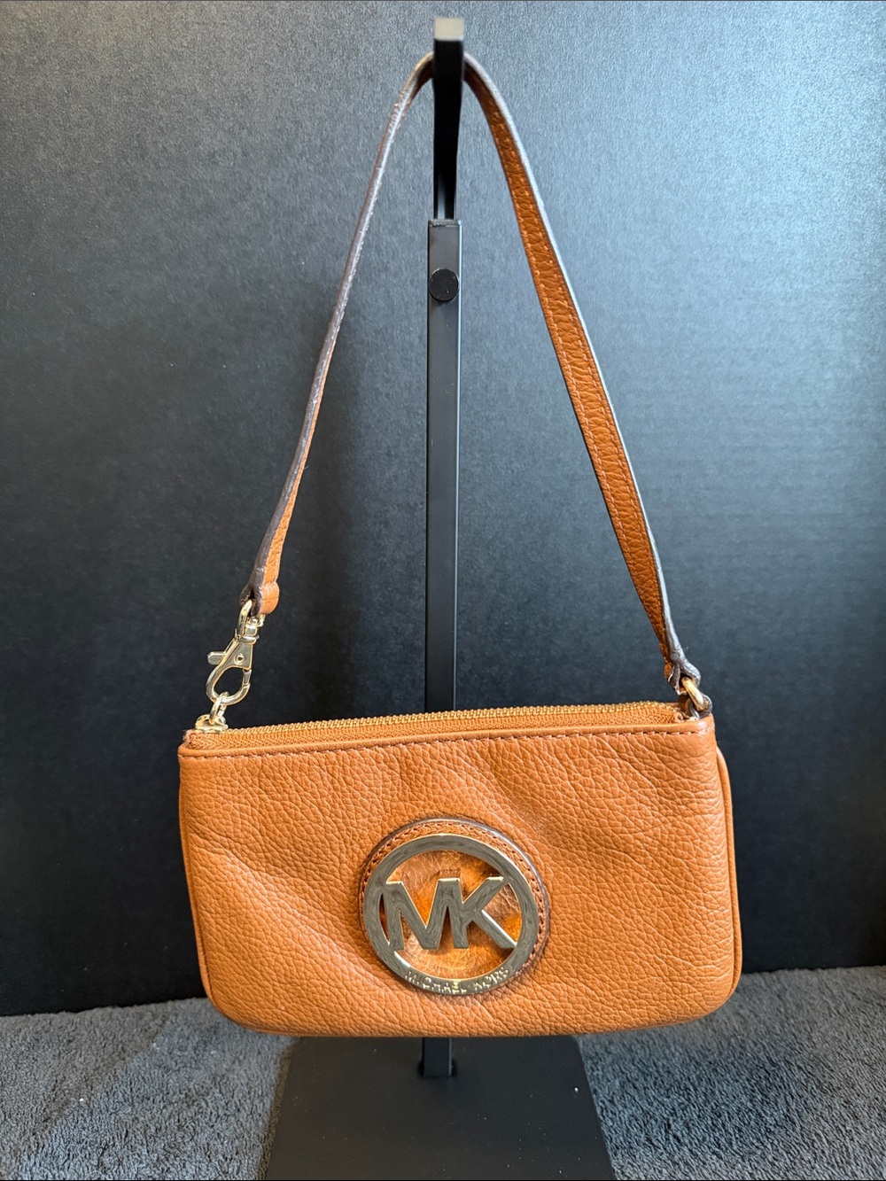 Michael Kors Caramel Leather Shoulder Clutch with Gold Logo